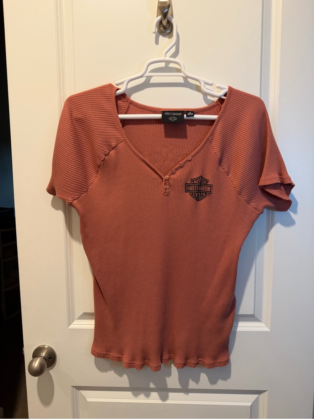 Harley-Davidson Women's Rust Ribbed V-Neck Tee with Logo